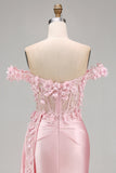 Satin Corset Mermaid Blush Floral Long Prom Dress with Slit