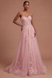 Pink Corset Floral A Line Sweetheart Long Prom Dress
