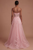Pink Corset Floral A Line Sweetheart Long Prom Dress