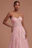 Pink Corset Floral A Line Sweetheart Long Prom Dress