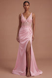 Ruched Mermaid Satin Corset Floral Pink Long Prom Dress with Slit