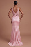 Ruched Mermaid Satin Corset Floral Pink Long Prom Dress with Slit