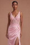 Ruched Mermaid Satin Corset Floral Pink Long Prom Dress with Slit