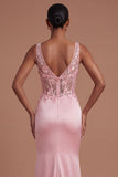 Ruched Mermaid Satin Corset Floral Pink Long Prom Dress with Slit
