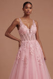 Corset Floral A Line Appliqued Pink Long Prom Dress