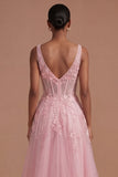 Corset Floral A Line Appliqued Pink Long Prom Dress