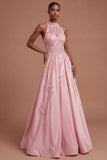 Halter Neck Corset Floral A Line Appliqued Pink Long Prom Dress