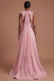 Halter Neck Corset Floral A Line Appliqued Pink Long Prom Dress
