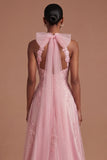 Halter Neck Corset Floral A Line Appliqued Pink Long Prom Dress