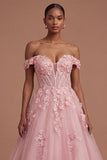 A Line Off the Shoulder Floral Corset Long Prom Dress