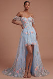 Blue Floral A Line Appliqued High Low Prom Dress