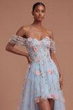 Blue Floral A Line Appliqued High Low Prom Dress