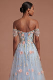 Blue Floral A Line Appliqued High Low Prom Dress
