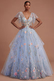 V Neck Appliqued Flutter Sleeves Floral Long Prom Dress