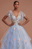 V Neck Appliqued Flutter Sleeves Floral Long Prom Dress