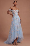 High Low Floral Blue A Line Corset Off the Shoulder Long Prom Dress