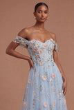 High Low Floral Blue A Line Corset Off the Shoulder Long Prom Dress