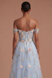 High Low Floral Blue A Line Corset Off the Shoulder Long Prom Dress