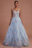 Spaghetti Straps Corset A Line Floral Long Prom Dress