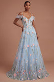Blue Floral Appliqued Cold Shoulder A Line Long Prom Dress