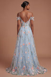 Blue Floral Appliqued Cold Shoulder A Line Long Prom Dress