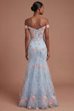 Off the Shoulder Corset Mermaid Blue Floral Long Prom Dress