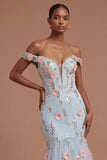 Off the Shoulder Corset Mermaid Blue Floral Long Prom Dress