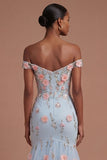 Off the Shoulder Corset Mermaid Blue Floral Long Prom Dress