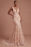 Appliqued Floral Champagne V Neck Long Prom Dress
