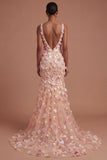 Appliqued Floral Champagne V Neck Long Prom Dress