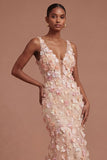 Appliqued Floral Champagne V Neck Long Prom Dress