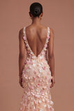 Appliqued Floral Champagne V Neck Long Prom Dress