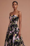A Line Floral Black Pink Strapless Backless Appliqued Long Prom Dress