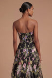 A Line Floral Black Pink Strapless Backless Appliqued Long Prom Dress
