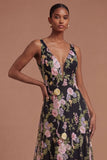 V Neck A Line Floral Black Pink Sleeveless Long Prom Dress