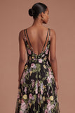 V Neck A Line Floral Black Pink Sleeveless Long Prom Dress