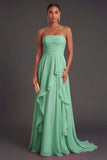 Hot Pink Ruffled Strapless Backless Long Wedding Guest Dress
