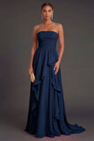 Hot Pink Ruffled Strapless Backless Long Wedding Guest Dress