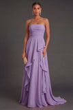 Hot Pink Ruffled Strapless Backless Long Wedding Guest Dress