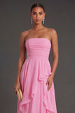Hot Pink Ruffled Strapless Backless Long Wedding Guest Dress