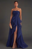 Navy Ruffled Strapless Backless Long Wedding Guest Dress with Slit