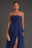 Navy Ruffled Strapless Backless Long Wedding Guest Dress with Slit