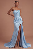 Stain Blue Ruched Strapless Appliqued Long Prom Dress with Slit