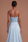 Stain Blue Ruched Strapless Appliqued Long Prom Dress with Slit