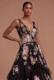 A Line Black Pink Floral Appliqued Tiered Long Prom Dress