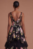 A Line Black Pink Floral Appliqued Tiered Long Prom Dress