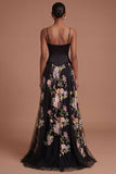 Corset Spaghetti Straps Black Pink Floral Long Prom Dress with Slit