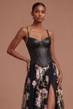 Corset Spaghetti Straps Black Pink Floral Long Prom Dress with Slit
