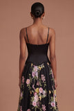 Corset Spaghetti Straps Black Pink Floral Long Prom Dress with Slit