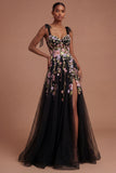 Thick Straps A Line Black Pink Floral Long Prom Dress with Slit